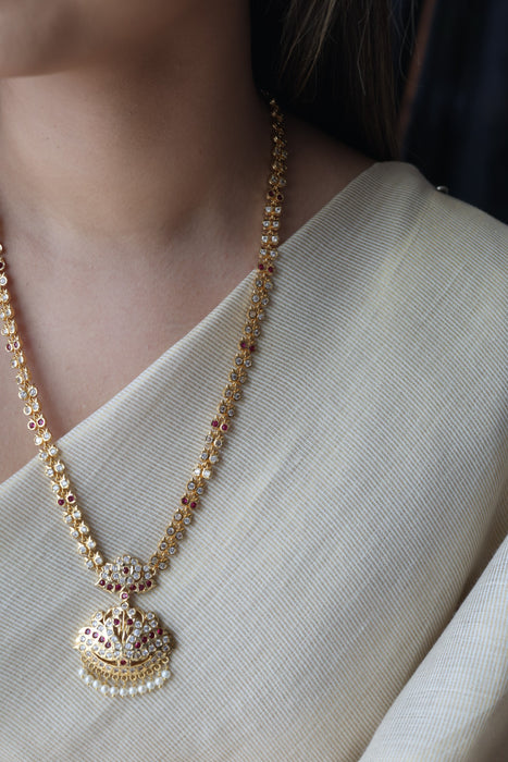 Heritage gold plated ruby white stone long necklace with earrings HL9762