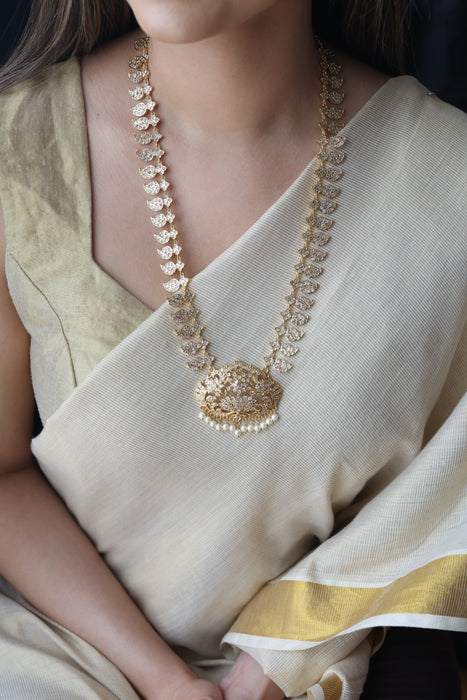 Heritage gold plated ruby white stone mango long necklace HLW002