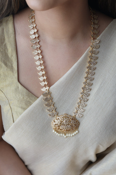 Heritage gold plated ruby white stone mango long necklace HLW002