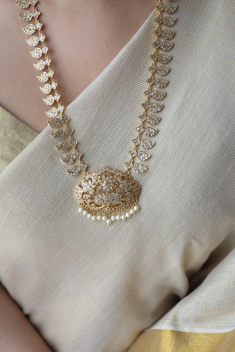 Heritage gold plated ruby white stone mango long necklace HLW002