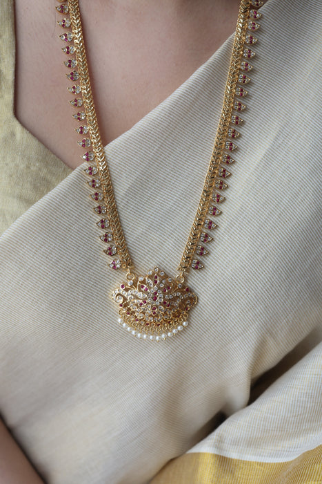 Heritage gold plated ruby white stone mango long necklace HL6133