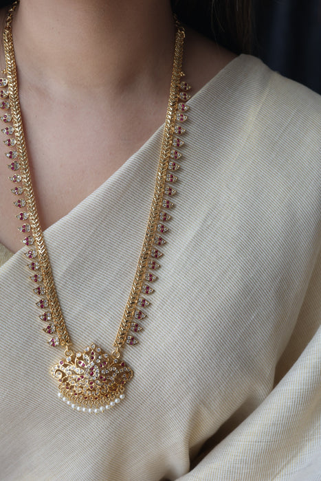 Heritage gold plated ruby white stone mango long necklace HL6133