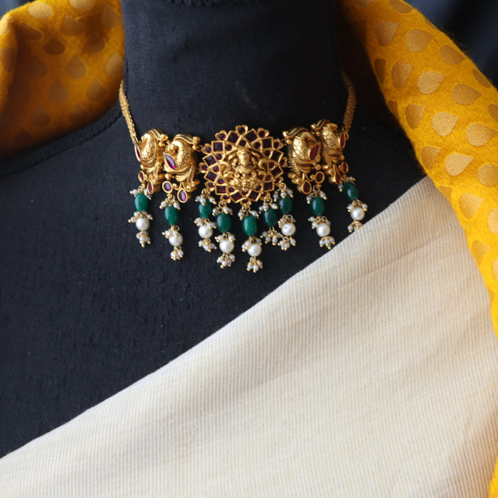 Antique temple green stone choker necklace with earrings CCB174