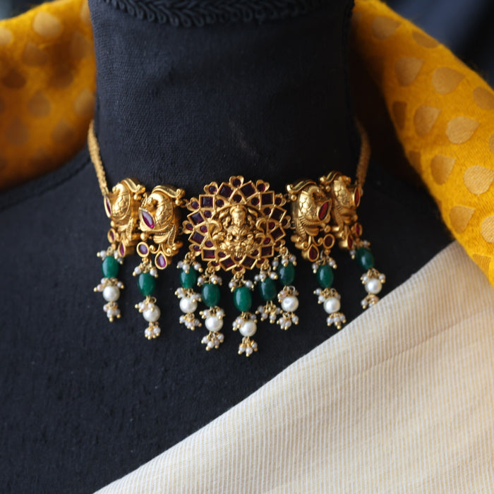 Antique temple green stone choker necklace with earrings CCB174