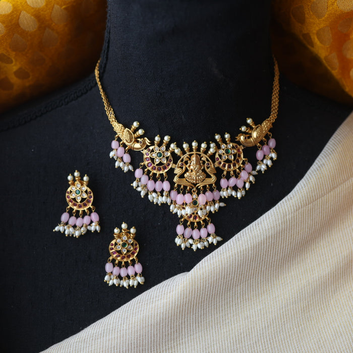 Antique pink bead choker necklace with earrings CCB1716