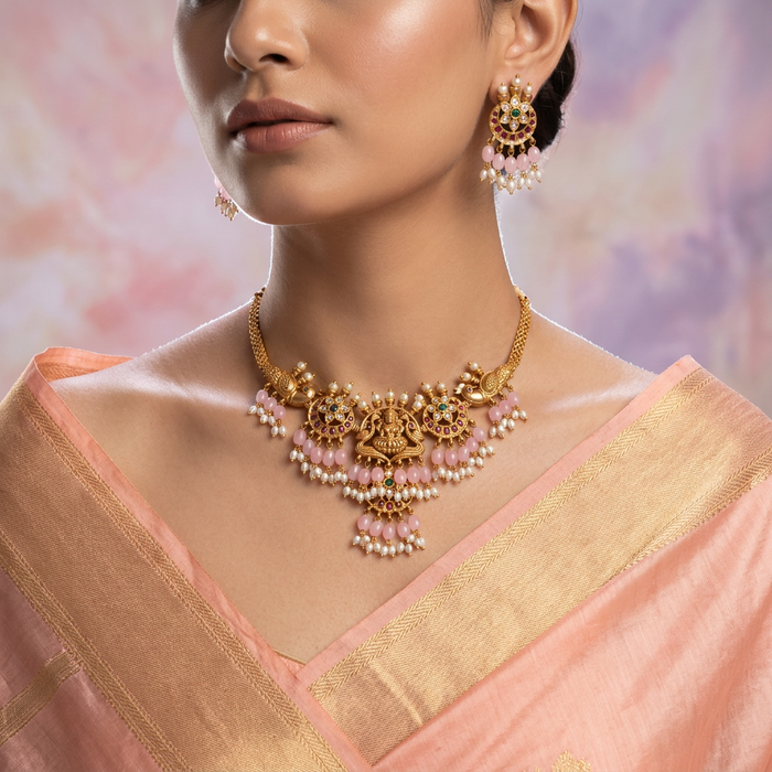 Antique pink bead choker necklace with earrings CCB1716