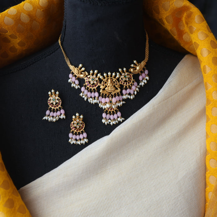 Antique pink bead choker necklace with earrings CCB1716