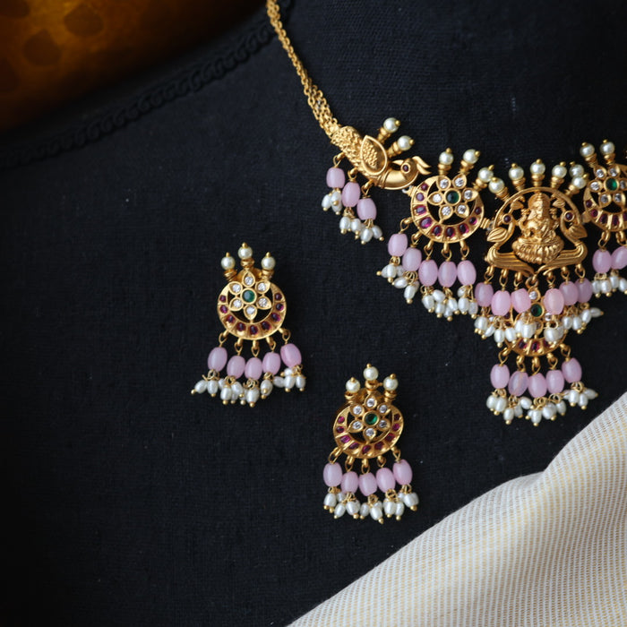 Antique pink bead choker necklace with earrings CCB1716