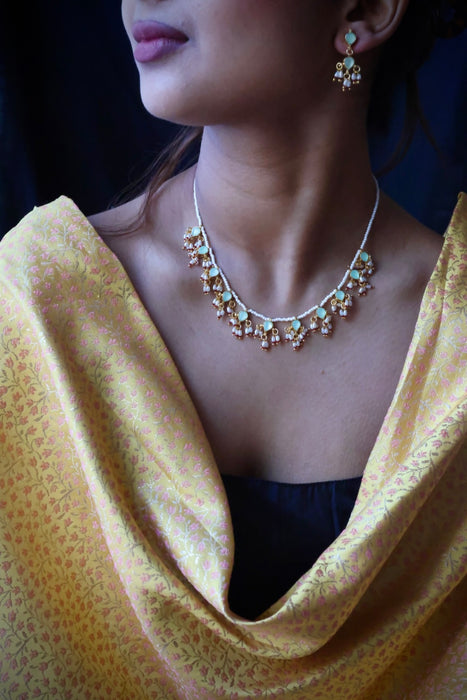 Minimal kundan mint stone short necklace with earrings MS994