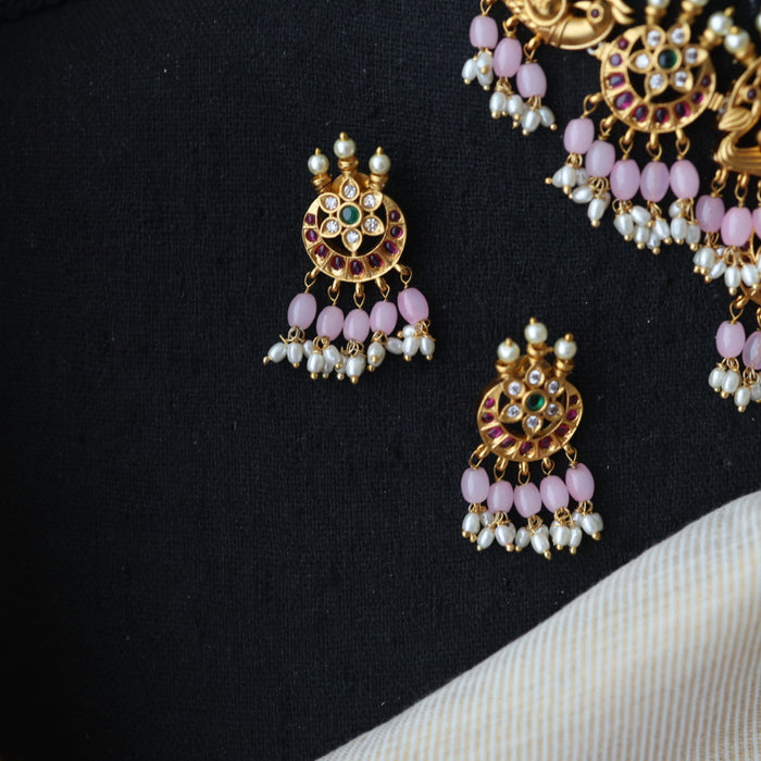 Antique pink bead choker necklace with earrings CCB1716