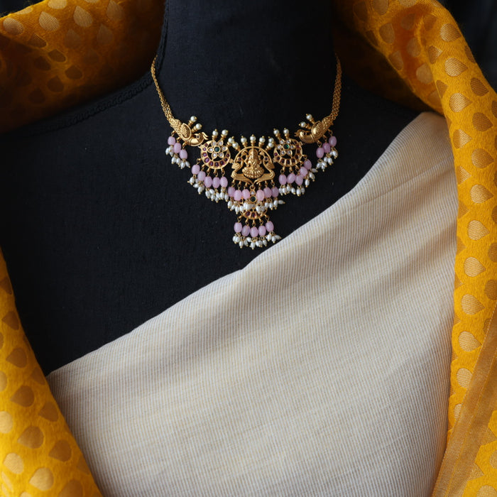 Antique pink bead choker necklace with earrings CCB1716