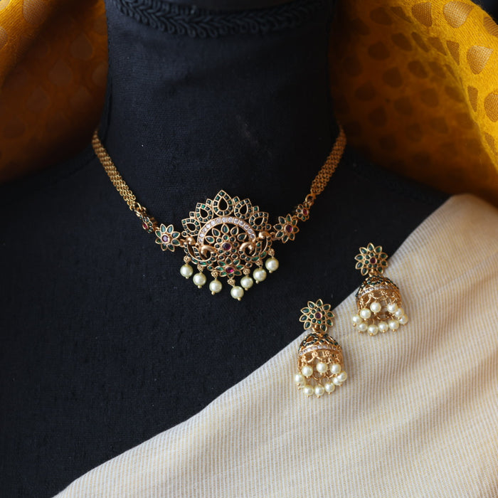 Antique green stone choker necklace and earrings CCB1234