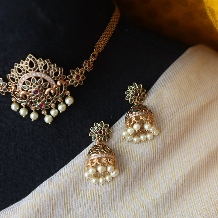Antique green stone choker necklace and earrings CCB1234