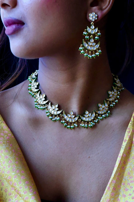 Trendy white stone kundan stone green bead choker necklace with earrings TG432