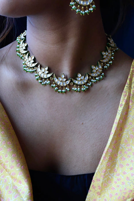 Trendy white stone kundan stone green bead choker necklace with earrings TG432