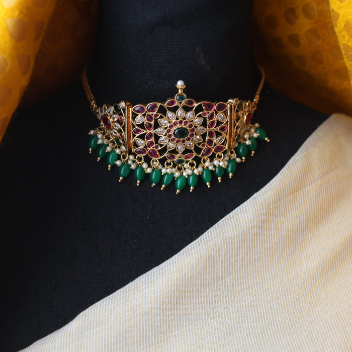 Antique temple green stone choker necklace with earrings CCB17412