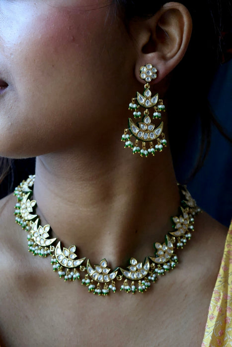 Trendy white stone kundan stone green bead choker necklace with earrings TG432