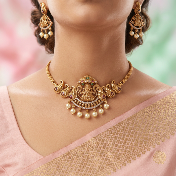 Antique temple design choker necklace with earrings CCB1722