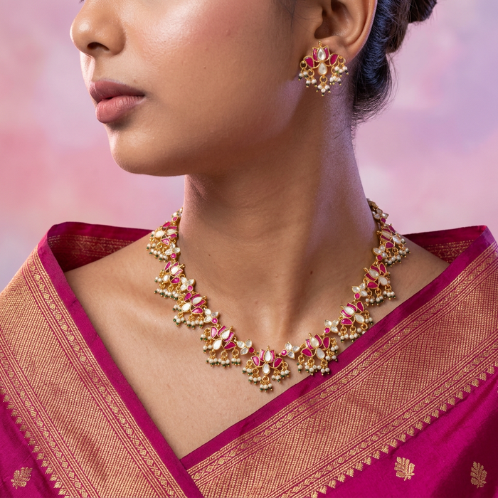 Minimal kundan ruby white stone short necklace with earrings MS800