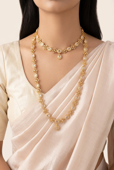 Heritage gold plated white stone long and short necklace with earrings HLS2803