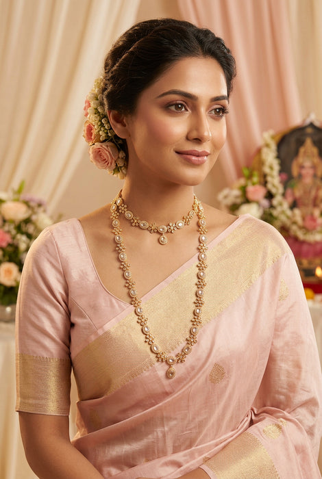 Heritage gold plated white stone long and short necklace with earrings HLS2803