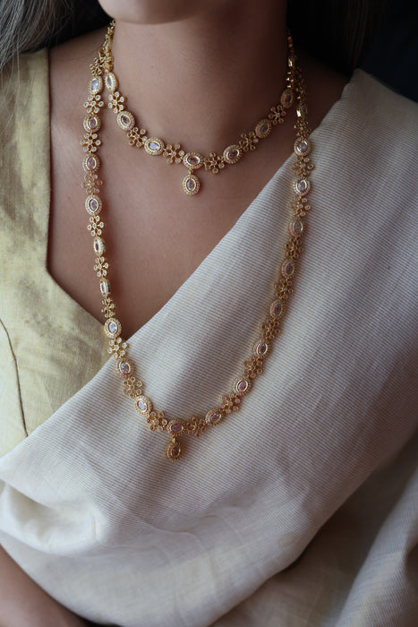 Heritage gold plated white stone long and short necklace with earrings HLS2803