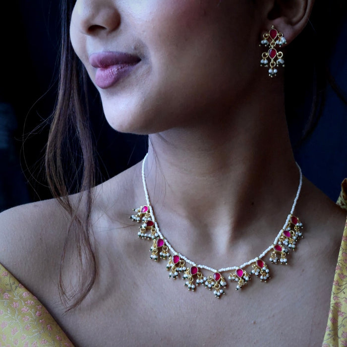 Minimal kundan ruby stone short necklace with earrings MS995