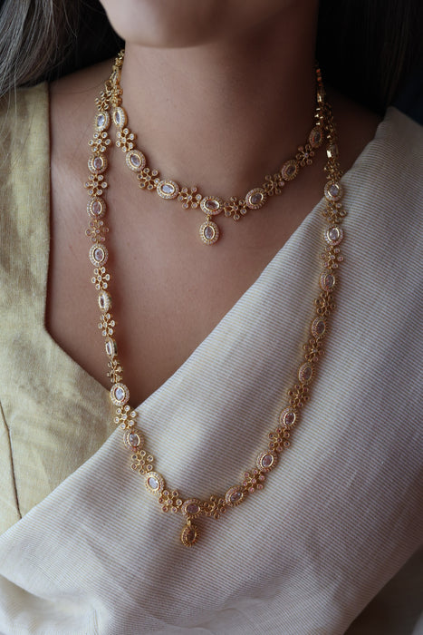 Heritage gold plated white stone long and short necklace with earrings HLS2803