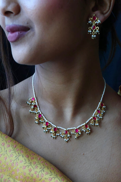 Minimal kundan ruby stone short necklace with earrings MS995