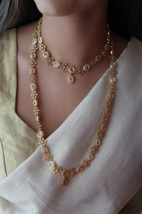 Heritage gold plated white stone long and short necklace with earrings HLS2803