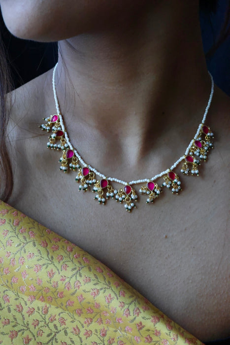 Minimal kundan ruby stone short necklace with earrings MS995