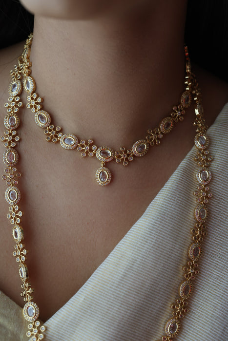 Heritage gold plated white stone long and short necklace with earrings HLS2803