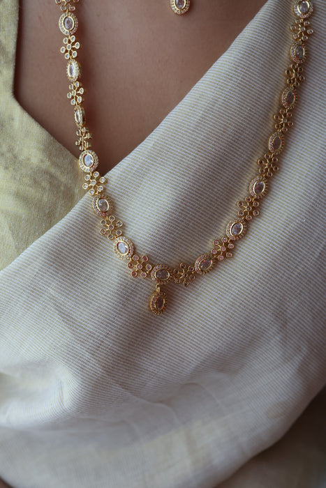 Heritage gold plated white stone long and short necklace with earrings HLS2803
