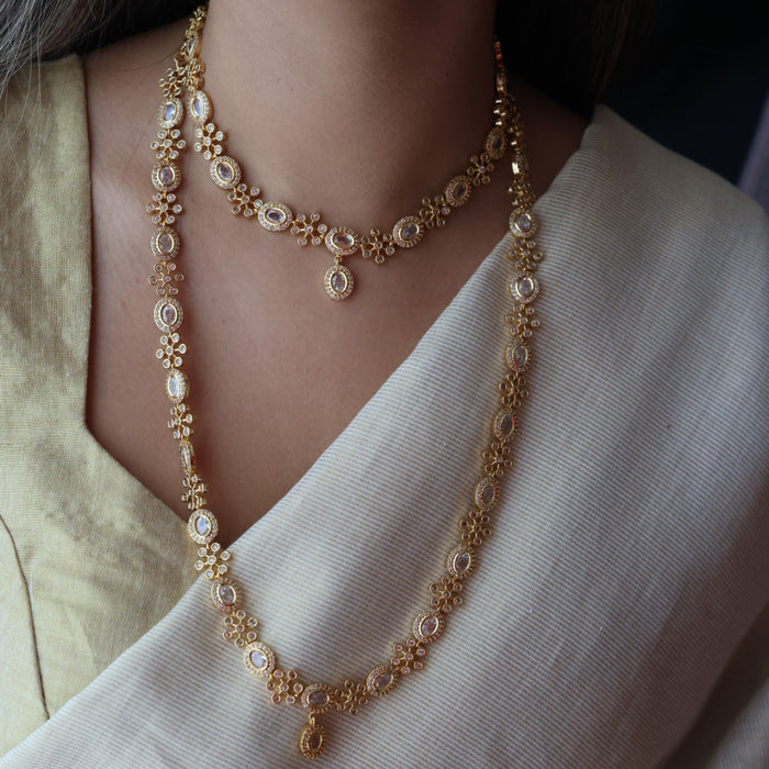 Heritage gold plated white stone long and short necklace with earrings HLS2803