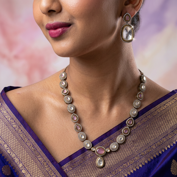 Trendy pink stone necklace with earrings and tikka TP3100