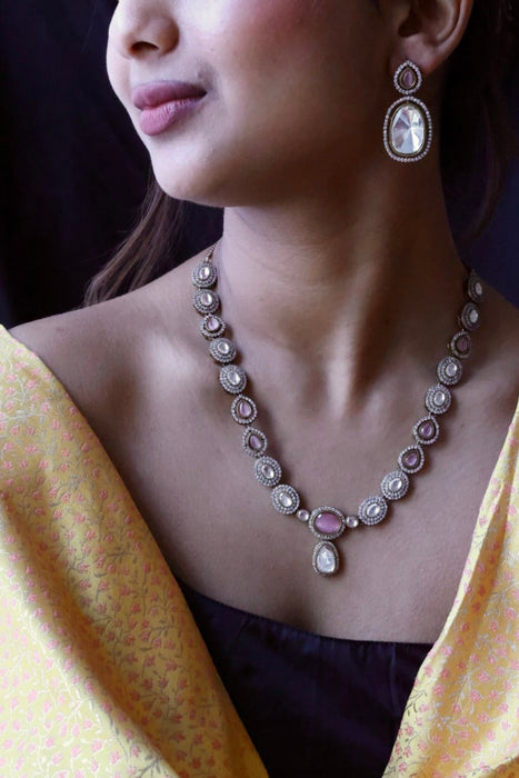 Trendy pink stone necklace with earrings and tikka TP3100