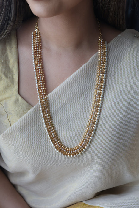 Heritage gold plated pearl and white stone long necklace HL6833