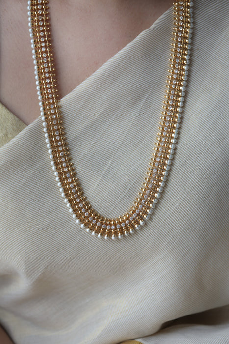 Heritage gold plated pearl and white stone long necklace HL6833