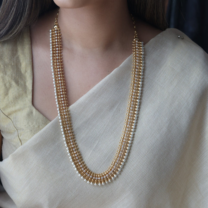 Heritage gold plated pearl and white stone long necklace HL6833