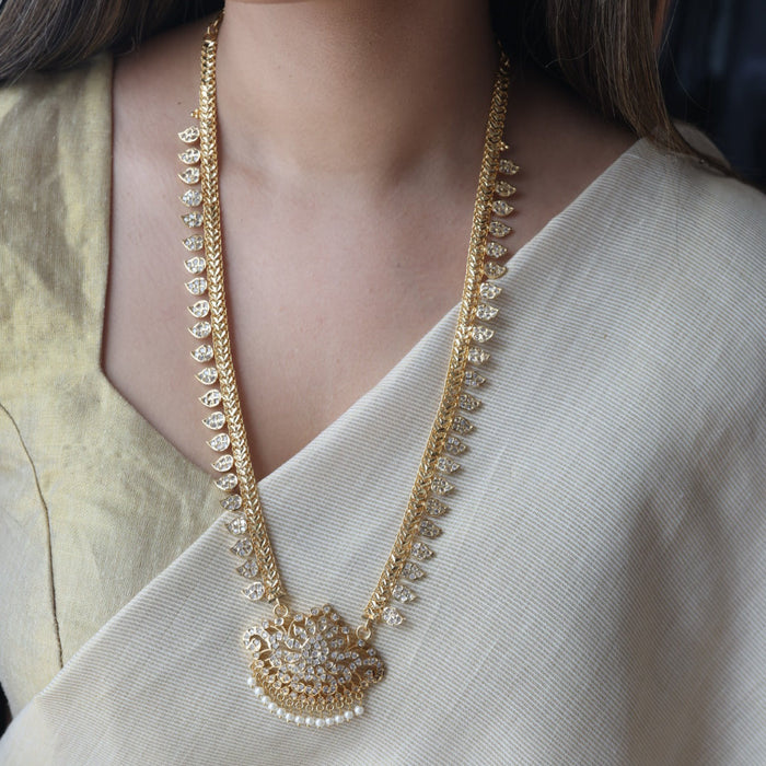 Heritage gold plated white stone mango long padakam necklace HL701