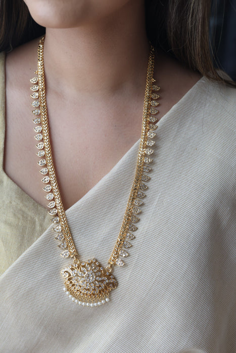 Heritage gold plated white stone mango long padakam necklace HL701
