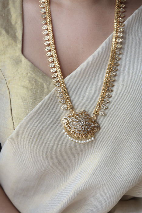 Heritage gold plated white stone mango long padakam necklace HL701