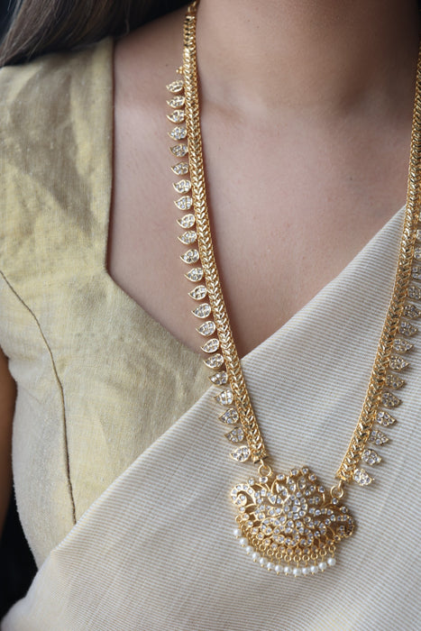Heritage gold plated white stone mango long padakam necklace HL701