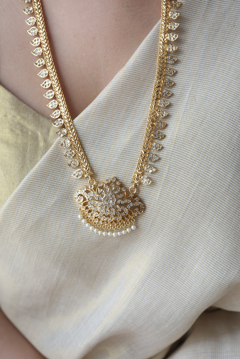 Heritage gold plated white stone mango long padakam necklace HL701