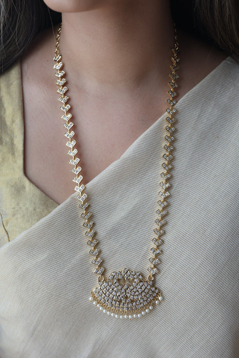 Heritage gold plated white stone padakam long necklace HP6212