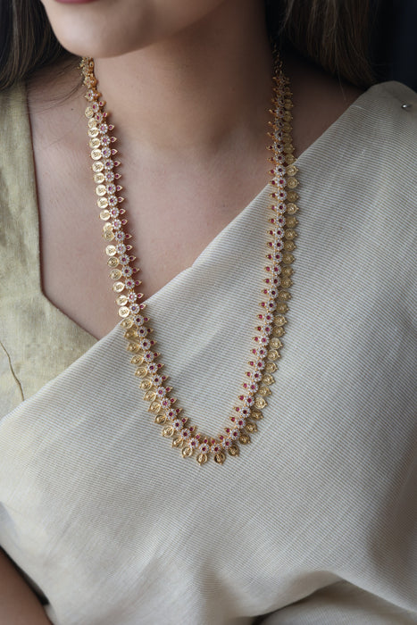 Heritage gold plated ruby white stone coin design long necklace HL6212