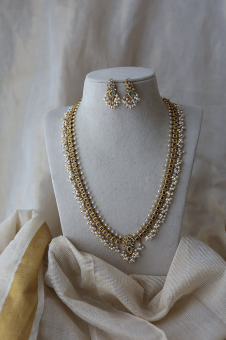Antique pearl long necklace with earrings LL02344
