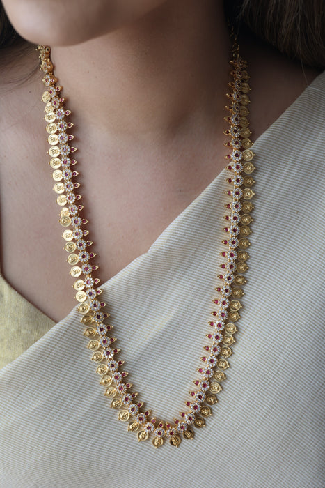 Heritage gold plated ruby white stone coin design long necklace HL6212