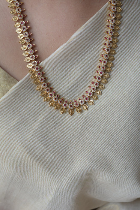 Heritage gold plated ruby white stone coin design long necklace HL6212