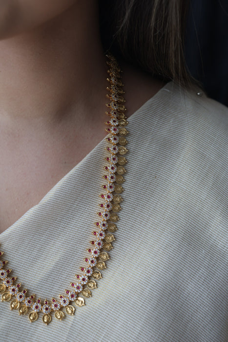 Heritage gold plated ruby white stone coin design long necklace HL6212